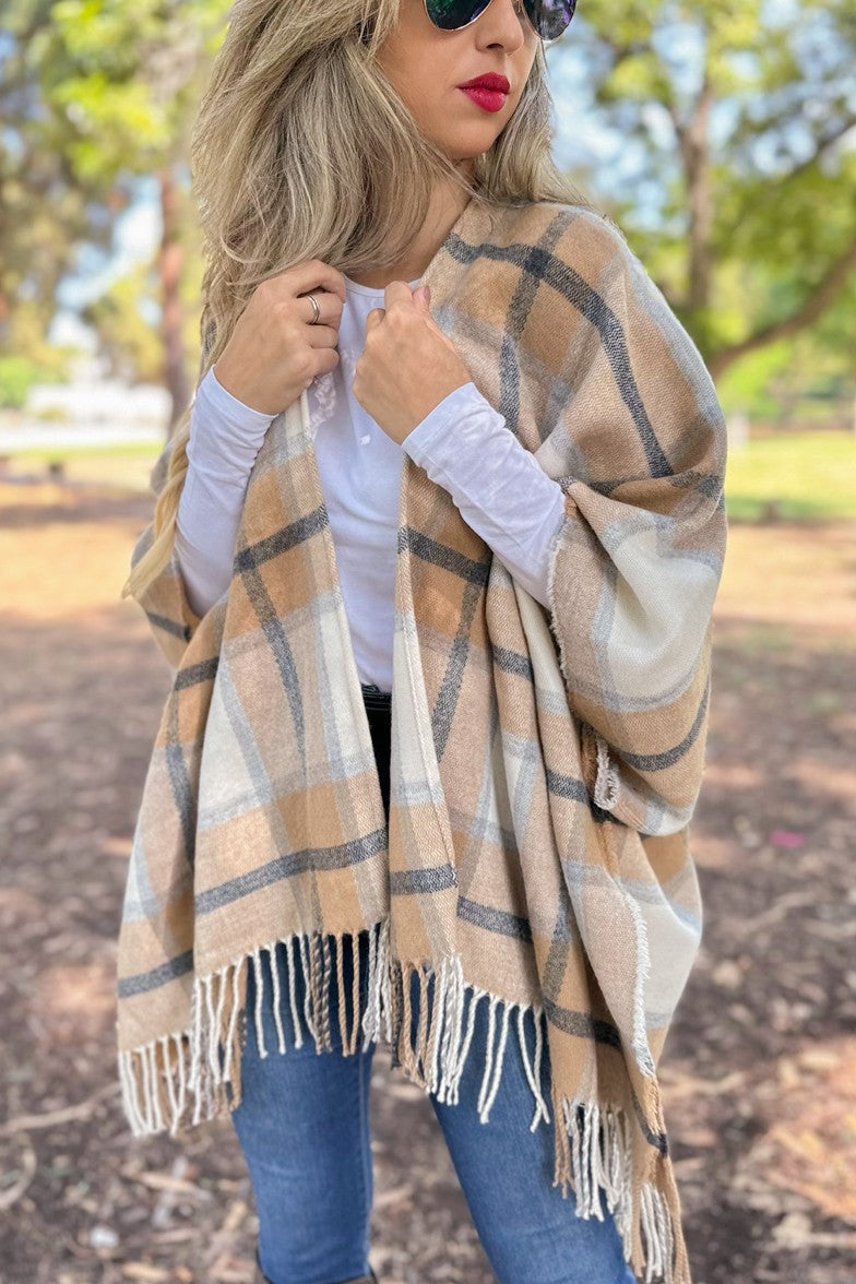 Plaid Printed Ruana Cardigan With Tassel