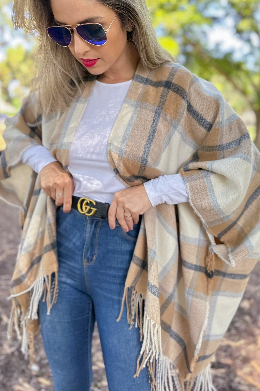 Plaid Printed Ruana Cardigan With Tassel