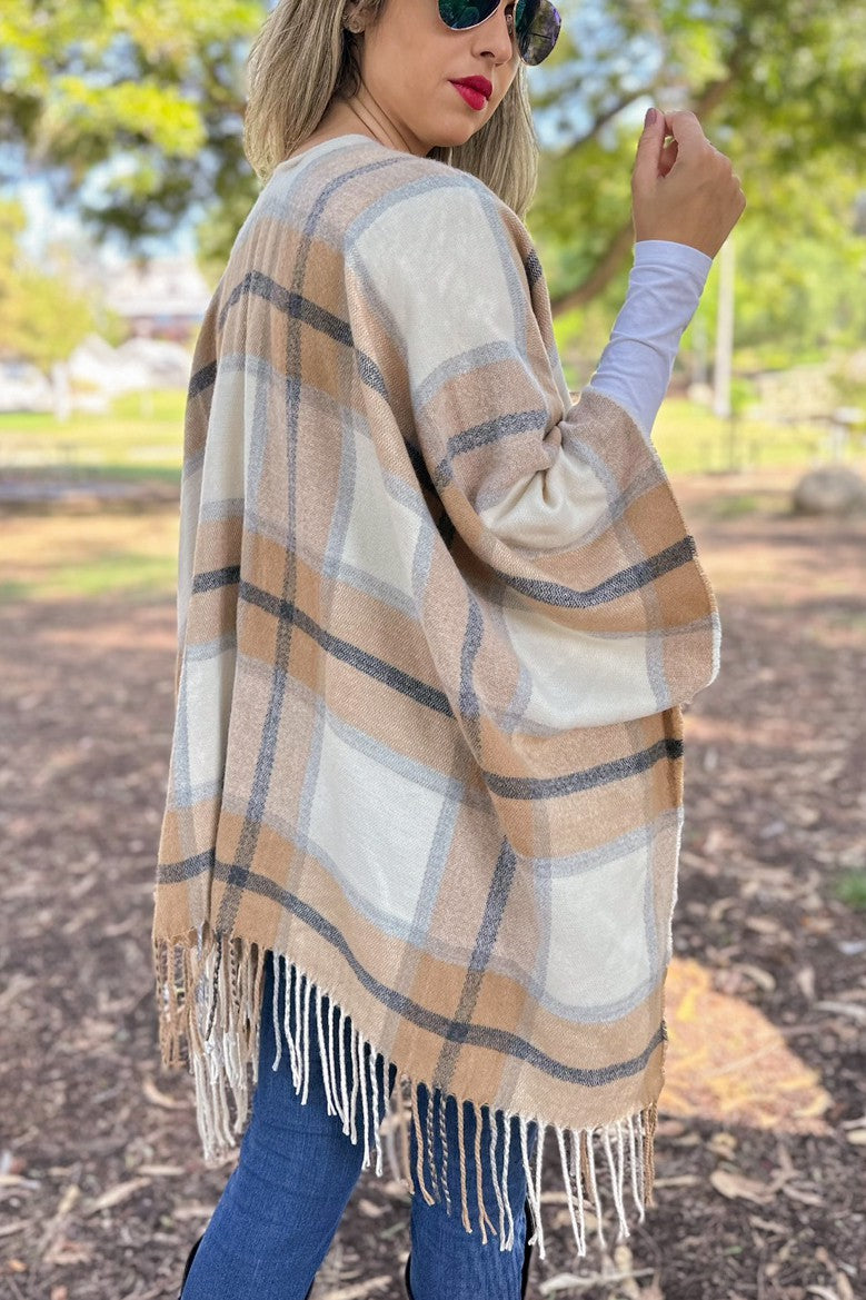 Plaid Printed Ruana Cardigan With Tassel