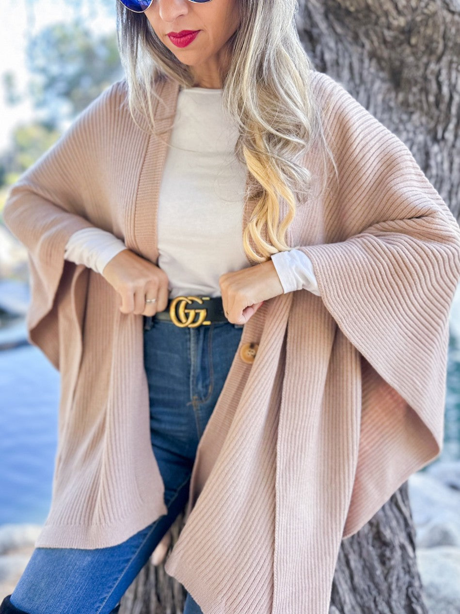 Ribbed Knit Cape Shawl Ruana With Button
