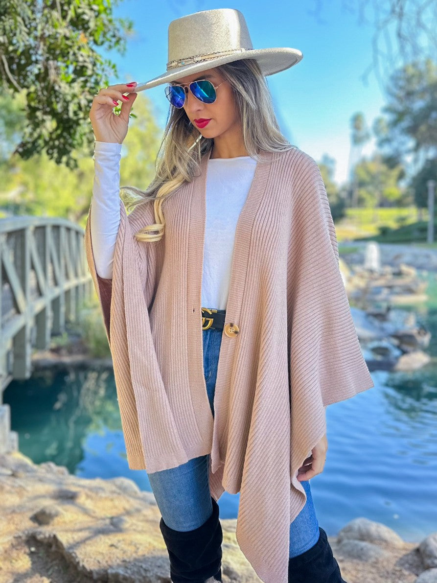 Ribbed Knit Cape Shawl Ruana With Button